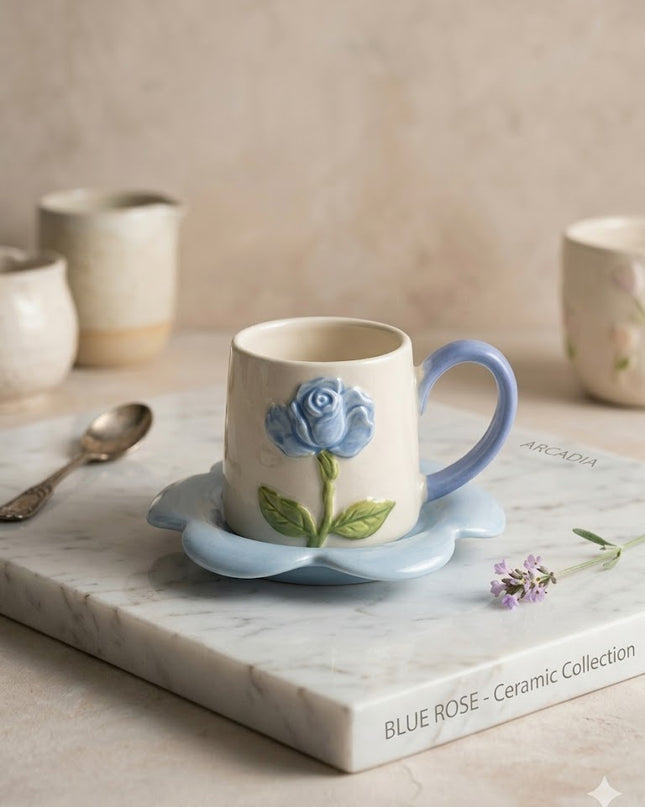 Blue Rose Ceramic Coffee Cup & Saucer – Elegant Floral Mug