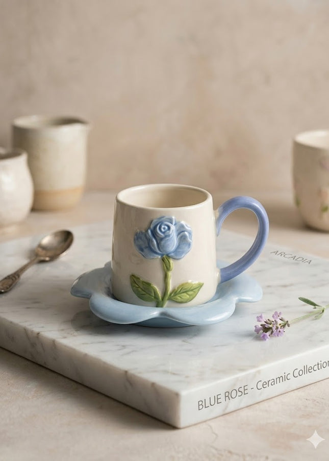 Blue Rose Ceramic Coffee Cup & Saucer – Elegant Floral Mug