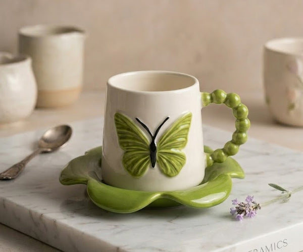 Butterfly Ceramic Coffee Cup with Saucer – Elegant Nature Design Mug –  Fusion
