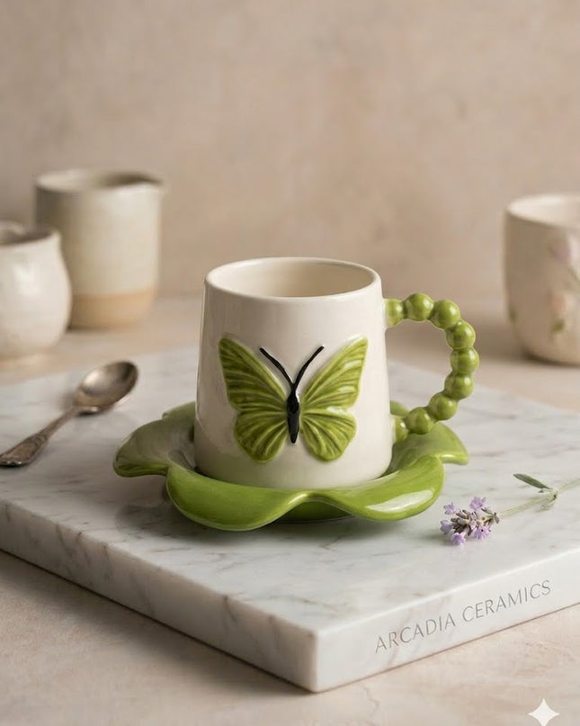 Butterfly Ceramic Coffee Cup with Saucer – Elegant Nature Design Mug