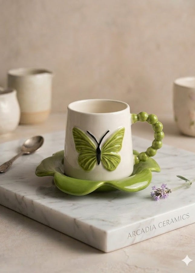 Butterfly Ceramic Coffee Cup with Saucer – Elegant Nature Design Mug
