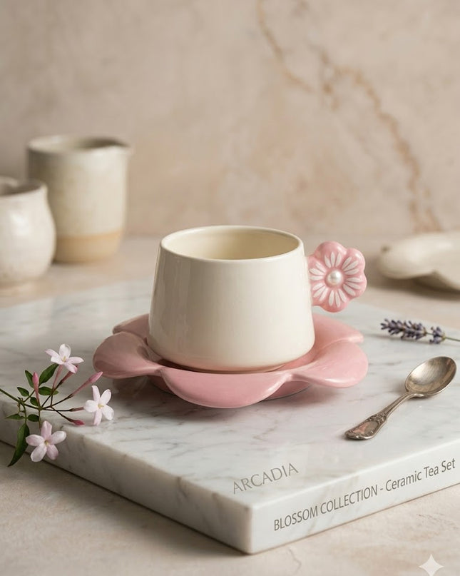 Blossom Ceramic Coffee Cup & Saucer – Pink Flower Handle Mug