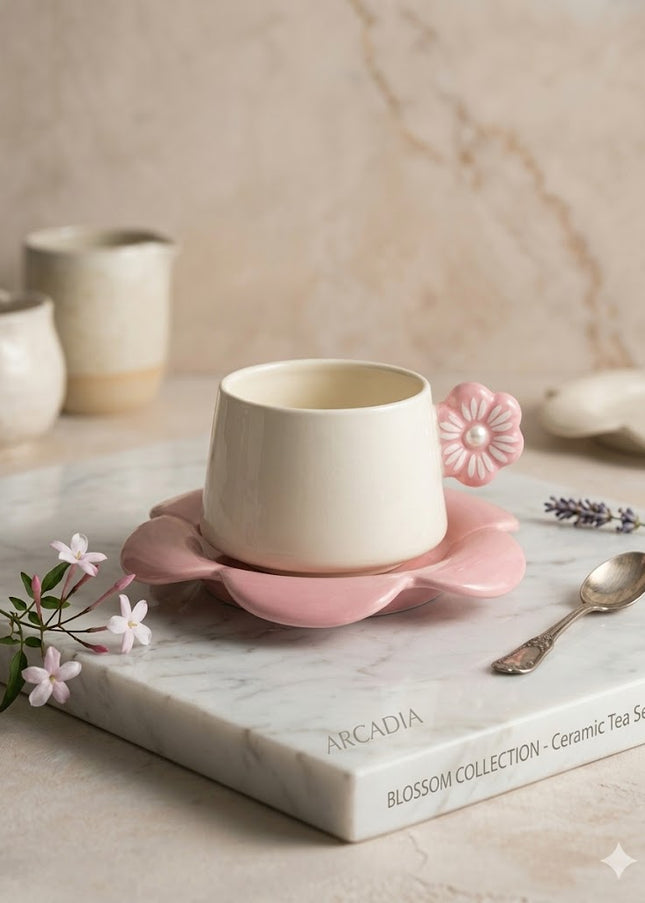 Blossom Ceramic Coffee Cup & Saucer – Pink Flower Handle Mug