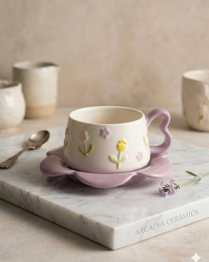 Floral Ceramic Coffee Cup & Saucer – Cute Flower Design Mug