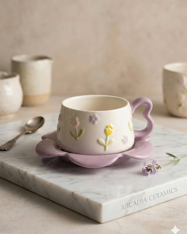 Floral Ceramic Coffee Cup & Saucer – Cute Flower Design Mug