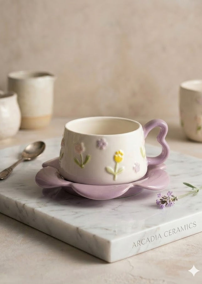 Floral Ceramic Coffee Cup & Saucer – Cute Flower Design Mug