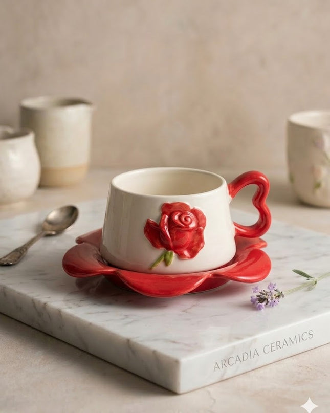Red Rose Ceramic Coffee Cup & Saucer – Romantic Floral Mug