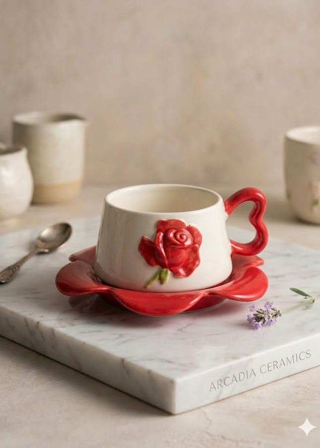 Red Rose Ceramic Coffee Cup & Saucer – Romantic Floral Mug