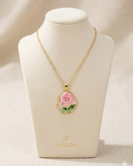 Elegant Pink Rose Pendant Necklace – Gold Floral Charm