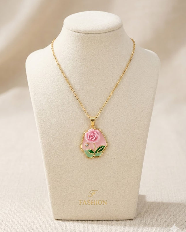 Elegant Pink Rose Pendant Necklace – Gold Floral Charm