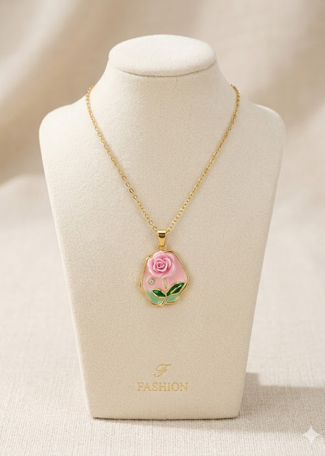 Elegant Pink Rose Pendant Necklace – Gold Floral Charm