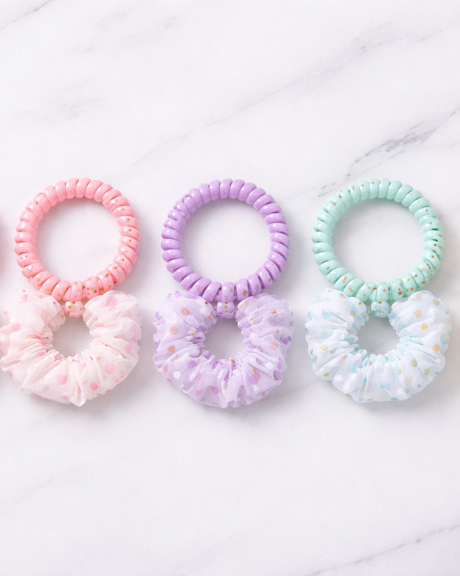 Pastel Spiral Hair Tie & Chiffon Scrunchie Set – Floral & Polka Dot Collection