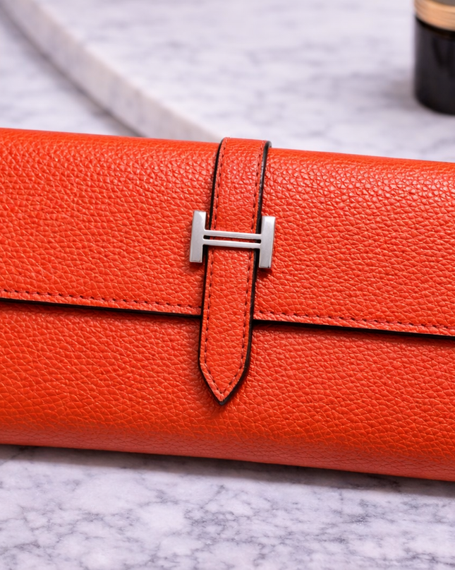 Pebbled Leather Long Wallet with H Strap Closure