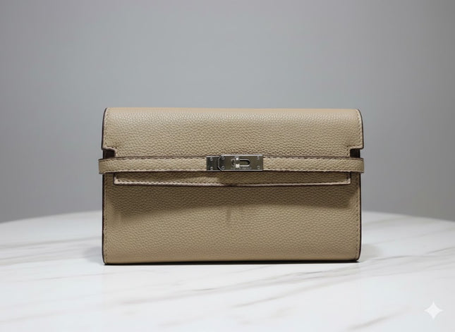 Classic Lock-Closure Long Wallet – Neutral Elegance