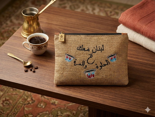 🇱🇧 Lebanese Culture Pouch Collection – Linen Cosmetic Bags