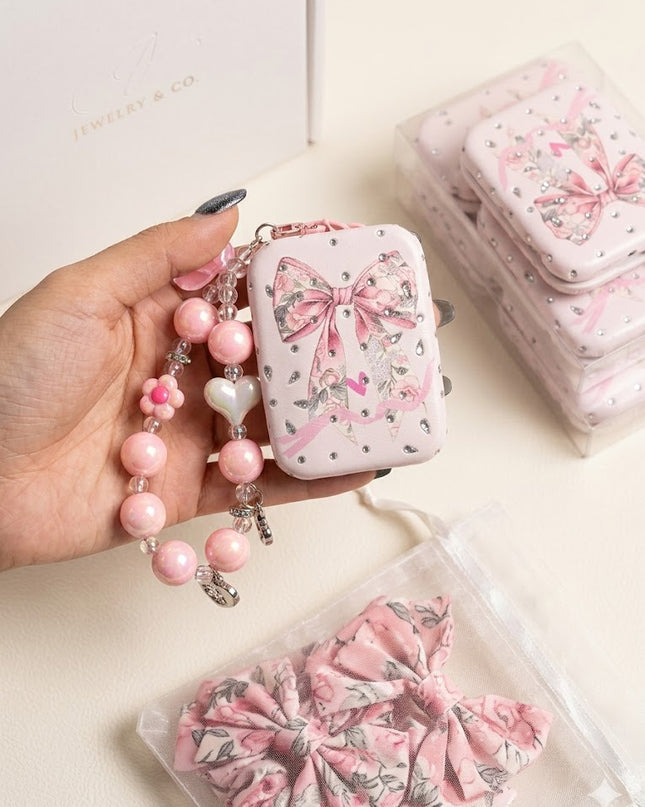 Cute Bow Mini Mirror with Beaded Wrist Strap – Glitter Compact Mirror