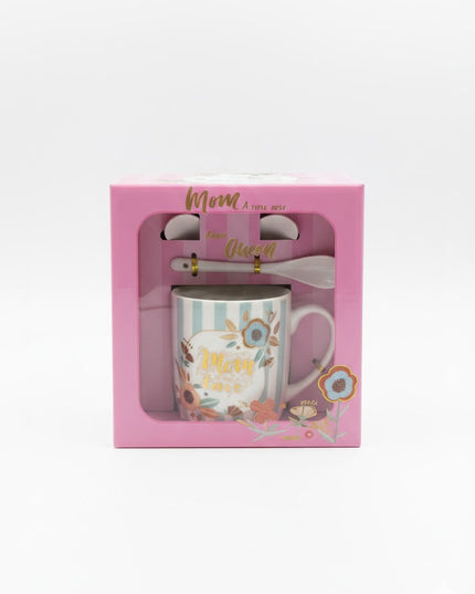Mom Queen Gift Set – Floral Mug with Spoon & Lid