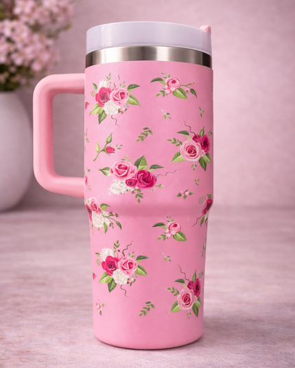 Elegant Floral Travel Mug – Pastel Blue Rose Design Insulated Cup 🌸