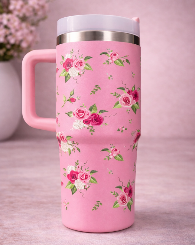 Elegant Floral Travel Mug – Pastel Blue Rose Design Insulated Cup 🌸