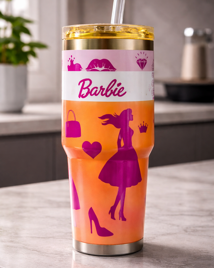 Barbie-Inspired Glam Tumbler – Pink & Orange Aesthetic Cup with Straw
