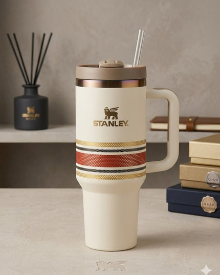 Classic Stripe Quencher Tumbler – Premium Stanley-Style Cup (Black & Cream Edition)