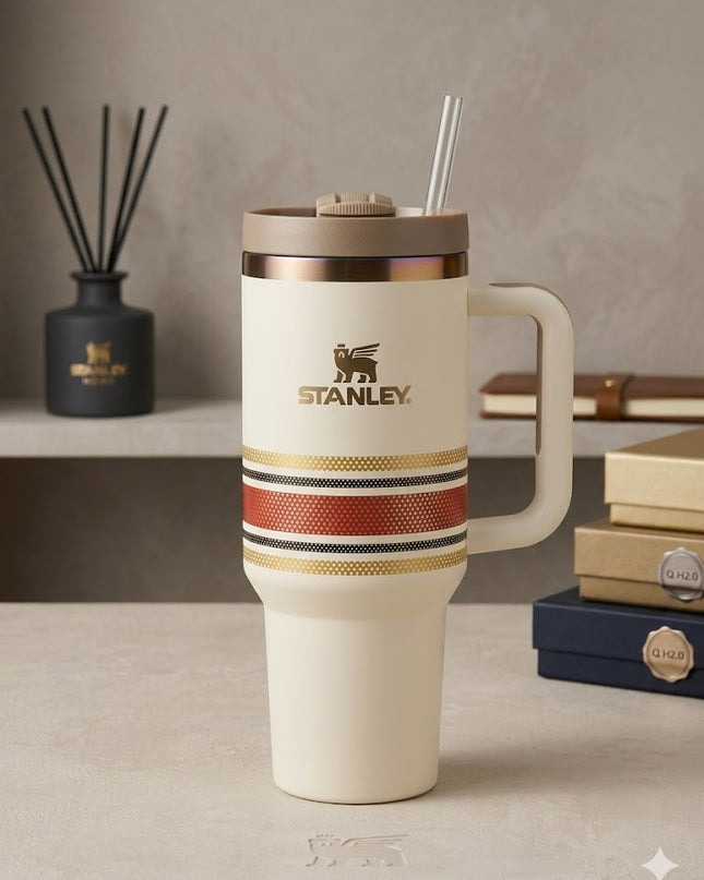 Classic Stripe Quencher Tumbler – Premium Stanley-Style Cup (Black & Cream Edition)