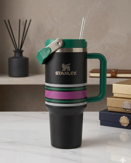 Classic Stripe Quencher Tumbler – Premium Stanley-Style Cup (Black & Cream Edition)