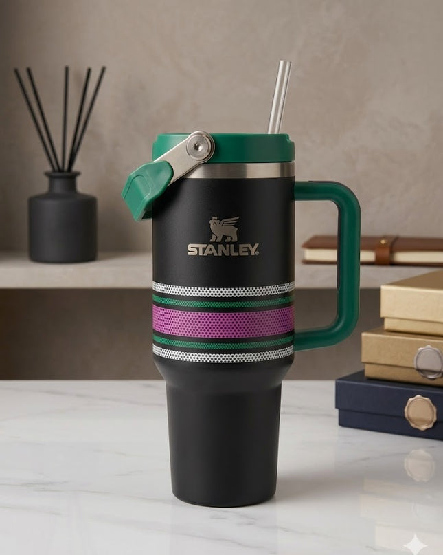 Classic Stripe Quencher Tumbler – Premium Stanley-Style Cup (Black & Cream Edition)
