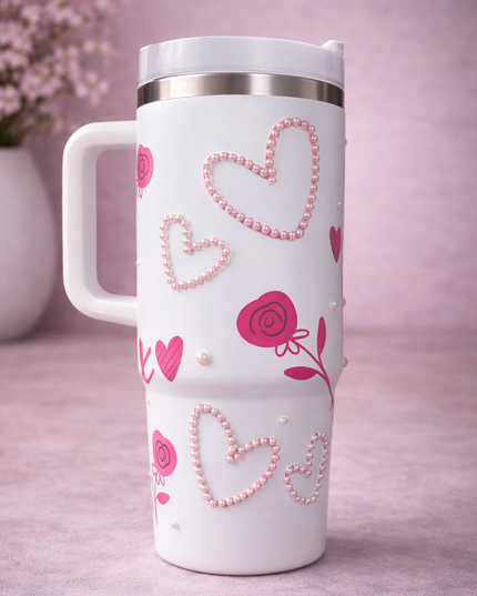 Heart & Pearl Luxe Tumbler: Hand-Embellished Floral Edition