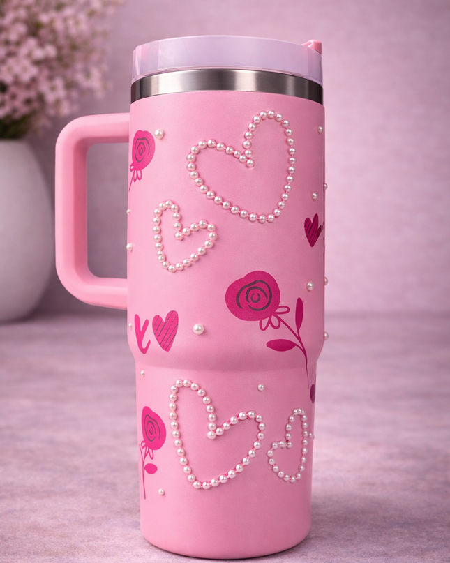 Heart & Pearl Luxe Tumbler: Hand-Embellished Floral Edition