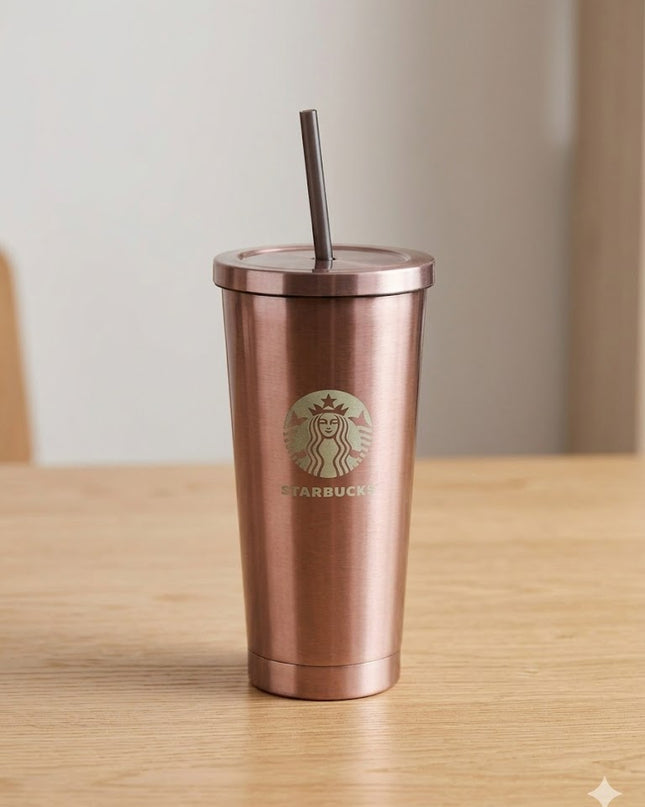 Rose Gold Stainless Steel Tumbler with Straw – Elegant Coffee Cup