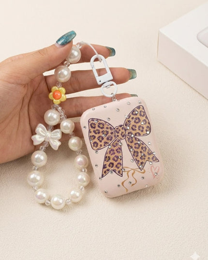 Cute Bow Mini Mirror with Beaded Wrist Strap – Glitter Compact Mirror