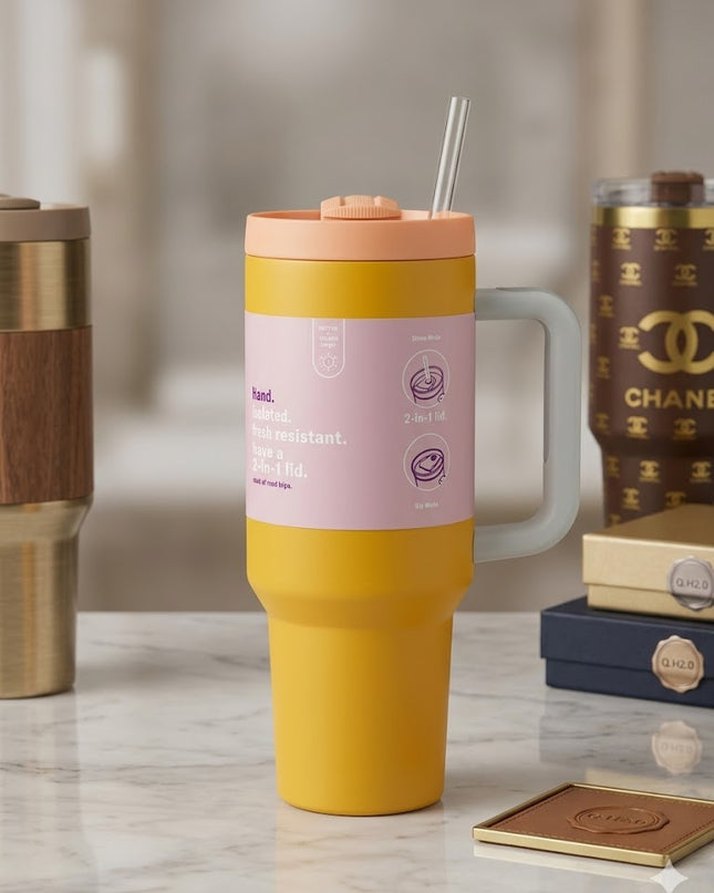 Sunny Chic Quencher Tumbler – Yellow & Pink Aesthetic Cup with Handle
